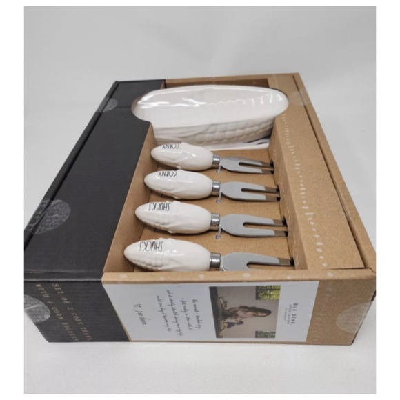 NEW Rae Dunn  2 Corn On The Cob Dish  White Ceramic w/4 Corn Holders - Picture 4 of 6